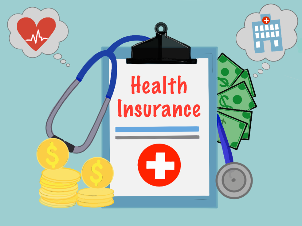 Image of clipboard with paper saying “Health Insurance”, cash, stethoscope, hospital, and a heart