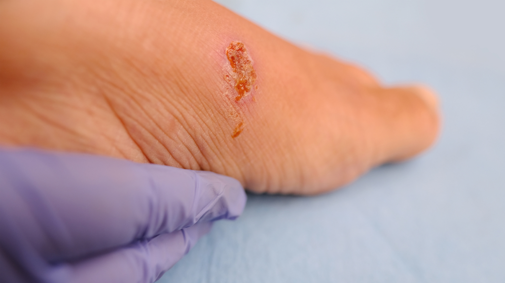 doctor treats weeping wound, trophic ulcer on female foot